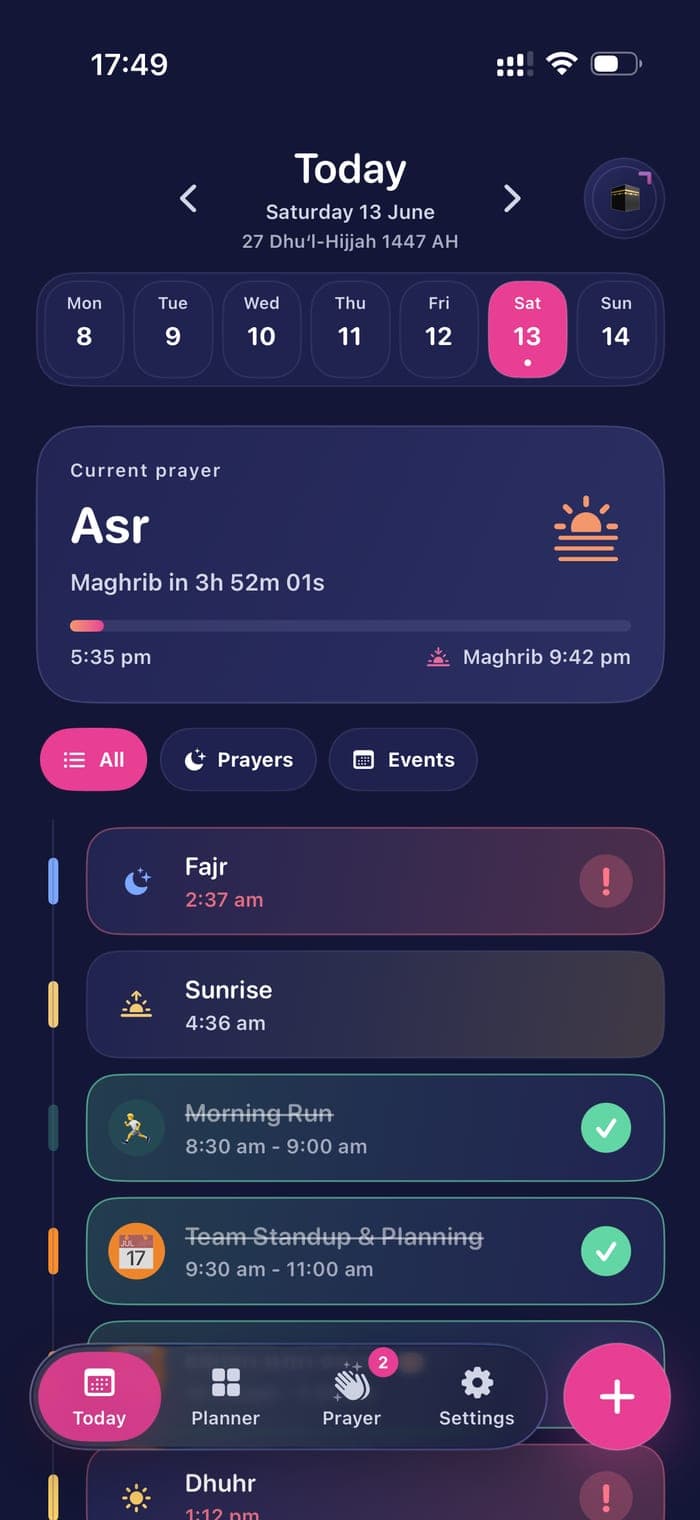 Prayde Today screen showing Asr as the current prayer, events, free time and prayer tracking